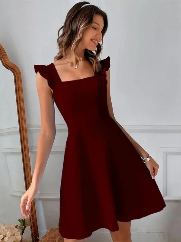 Women's casual ruffle strap mini dress, comfortable A-line style with a sweet bow back detail.