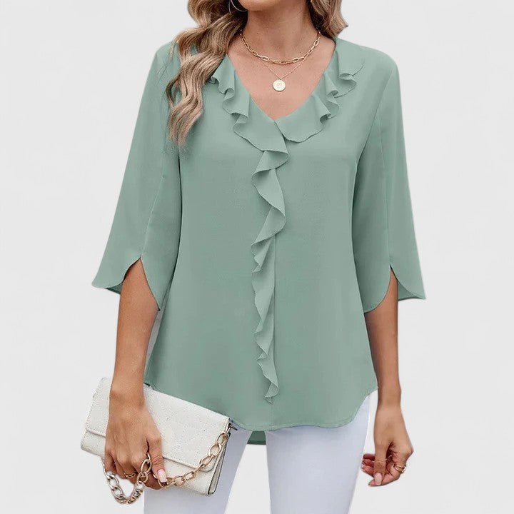 Women's ruffle V-neck blouse with elegant split sleeves, perfect for spring & summer casual chic.