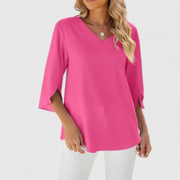 Stylish women's blouse with a flattering ruffle V-neck, chic split sleeves, perfect for spring work or casual outfits.