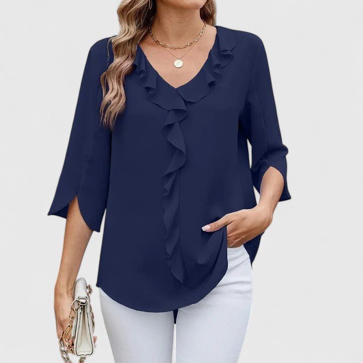 Casual chic women's work wear blouse, designed with a sophisticated ruffle V-neck and elegant split sleeves.
