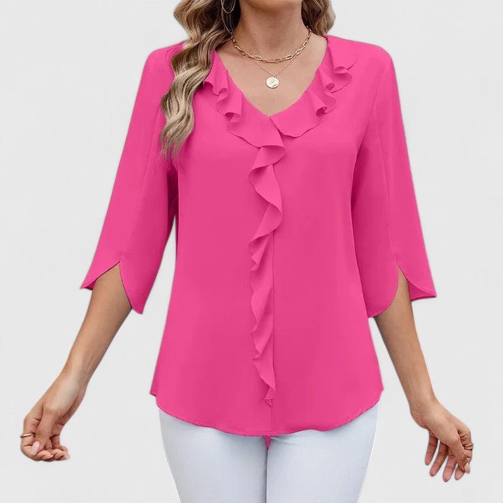 Feminine women's top: relaxed fit ruffle V-neck blouse with fashionable split sleeves, versatile styling.