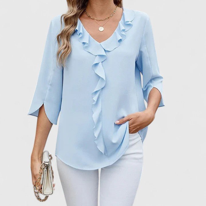 Elegant women's blouse, featuring a pretty ruffle V-neck & chic split sleeves, ideal for office or casual wear.