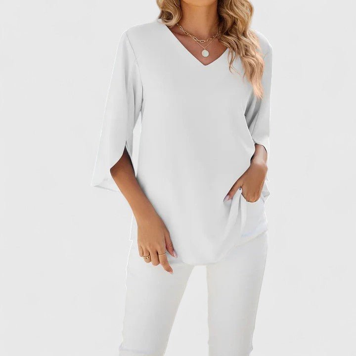 Comfortable women's casual blouse, a relaxed fit ruffle V-neck with elegant split sleeves for versatile daily wear.