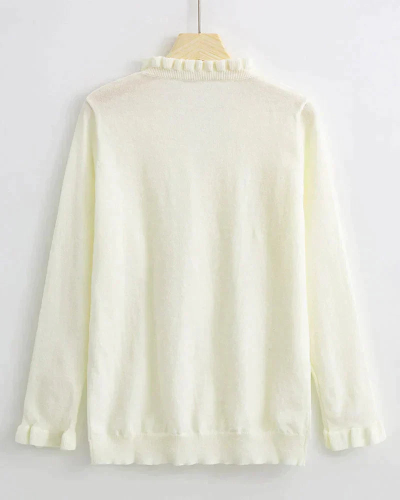 Long sleeve women's ruffled sweater with decorative button details. A fashionable knit top for all-day comfort.