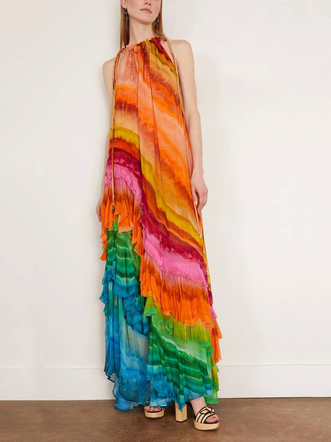 Women's ruffled sleeveless halter maxi dress, tiered for elegance, perfect for summer parties & special occasions.