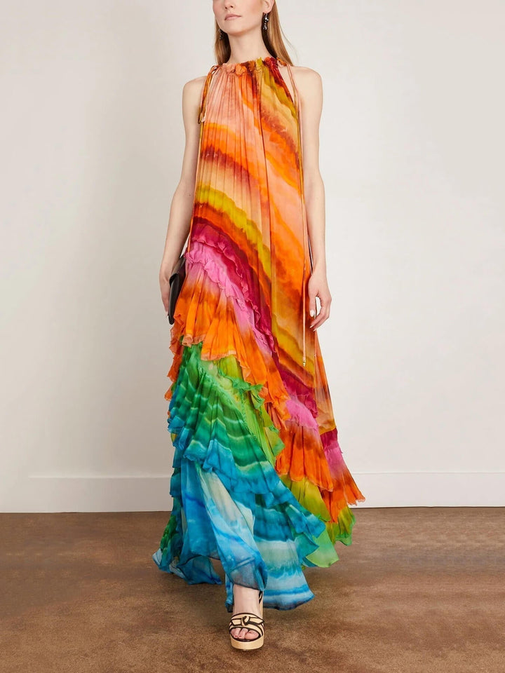 Elegant women's sleeveless halter maxi dress with cascading ruffles, ideal for evening events & comfortable wear.