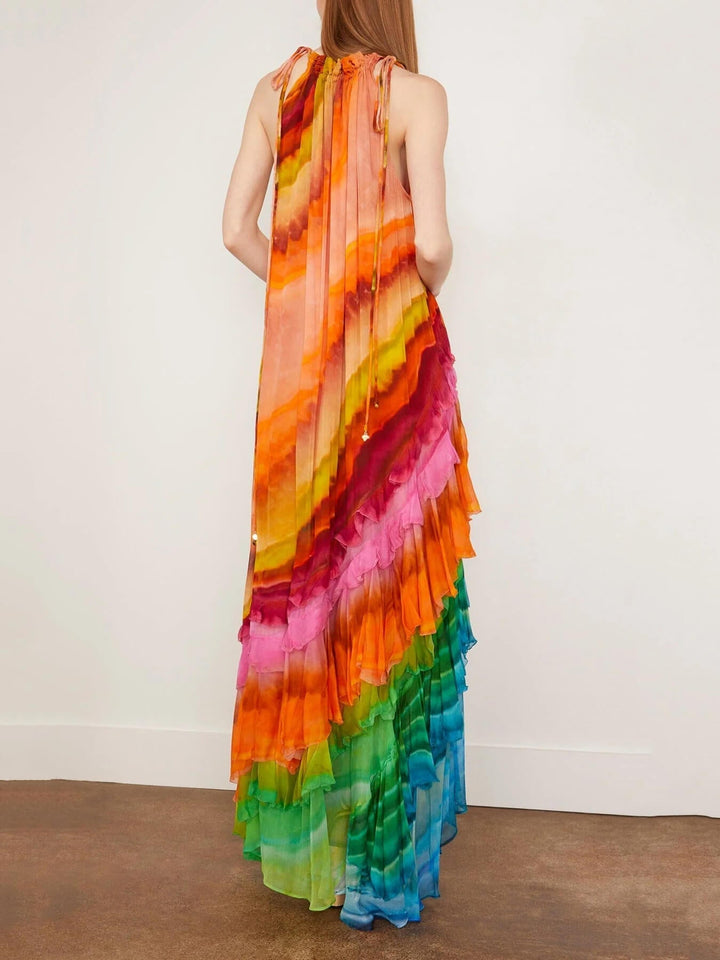 Flowing tiered halter maxi dress for women, featuring ruffled details, a stylish choice for summer or parties.