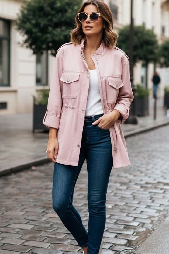 Women's rugged utility jacket with stylish open back. Perfect for modern street style & versatile layering.