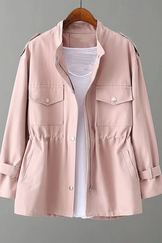 Modern women's open back utility jacket in rugged fabric, ideal for spring & fall fashion outerwear.