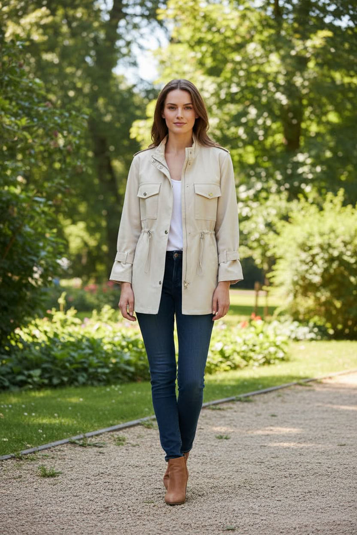 Chic open back utility jacket for women, a rugged fashion statement piece for casual or street style.