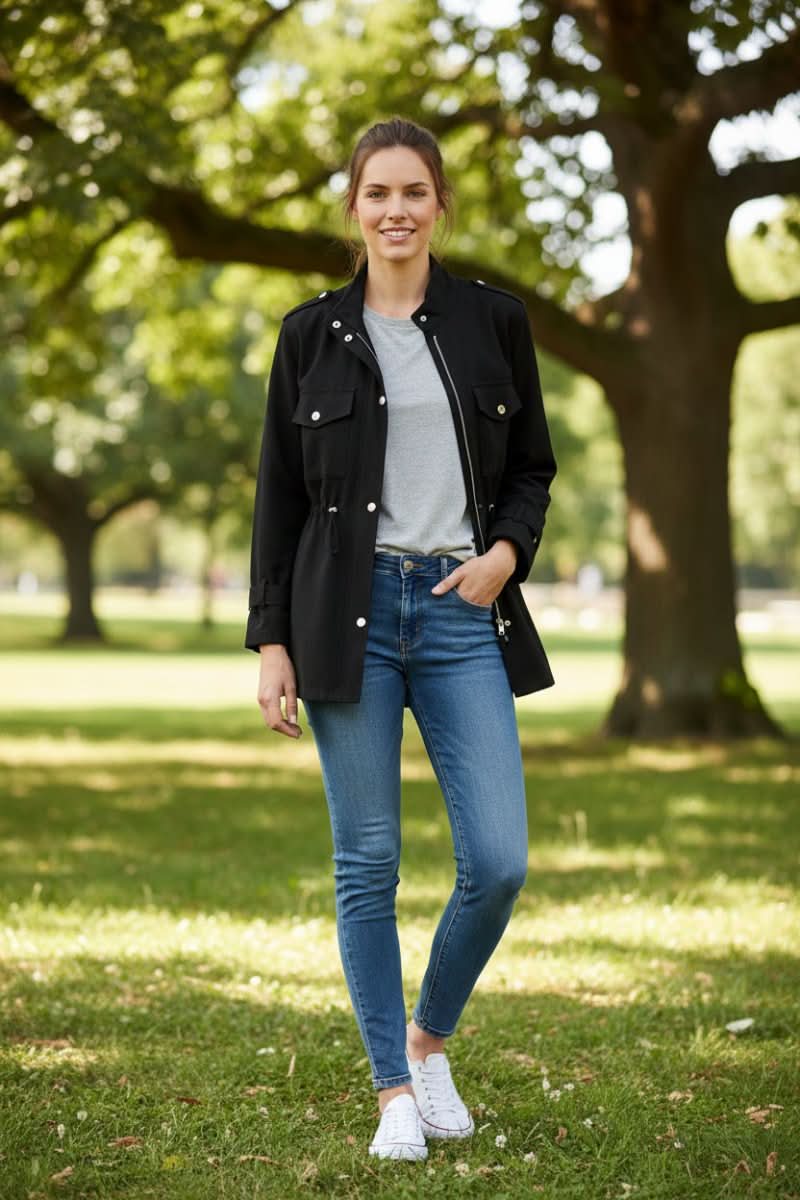 Versatile women's rugged utility jacket. Features a unique open back design for modern spring/fall outfits.