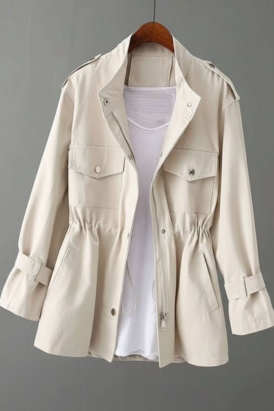 Women's casual open back utility jacket, perfect for versatile layering & achieving a modern street style.