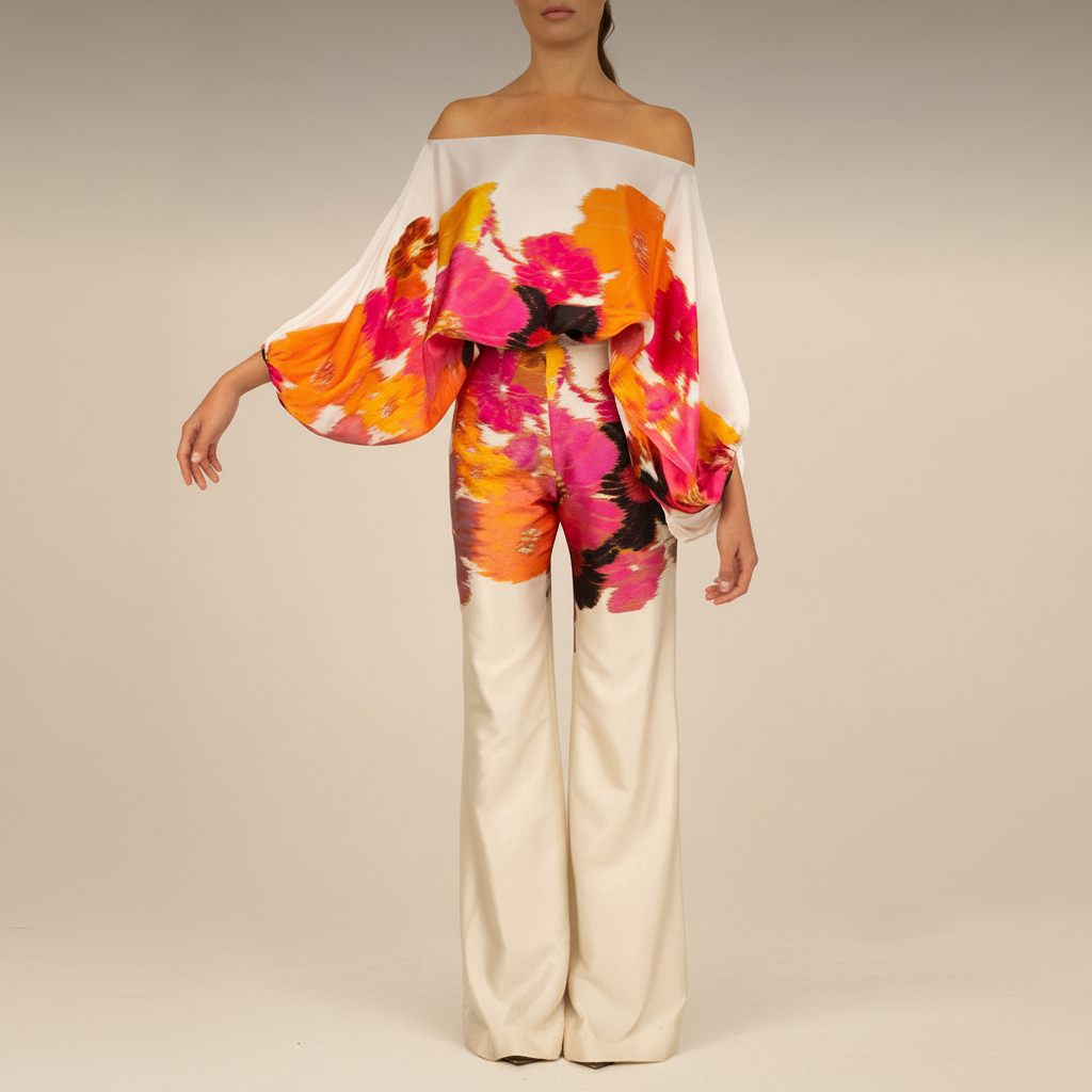 Full view of women's printed two-piece set, comfortable loungewear