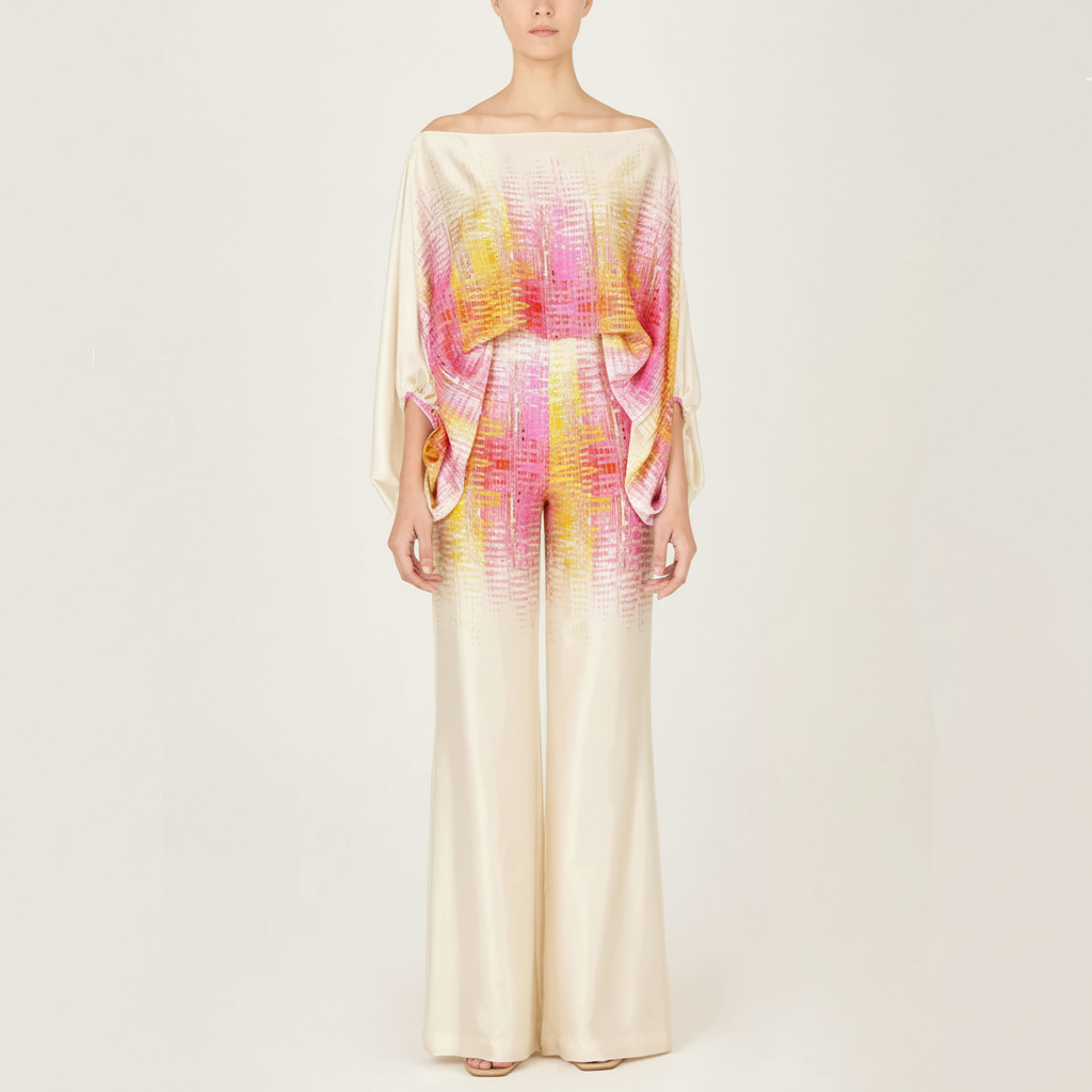 Model wearing women's printed Ruth two-piece lounge set, autumn fashion