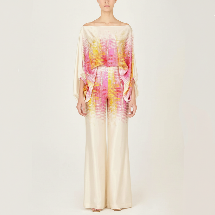 Model wearing women's printed Ruth two-piece lounge set, autumn fashion