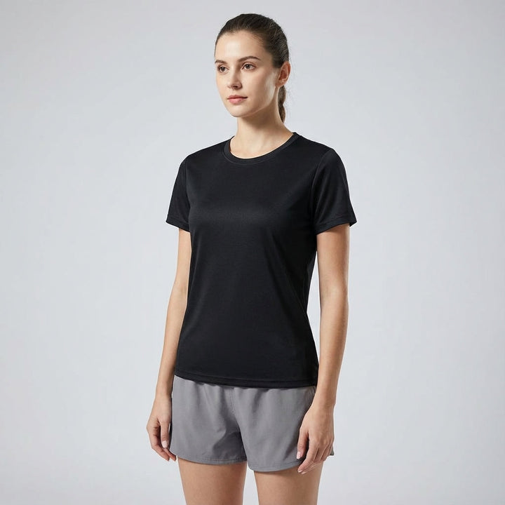 Workout ready women's activewear top, Sadie short sleeve sport shirt in a quick-dry, breathable design