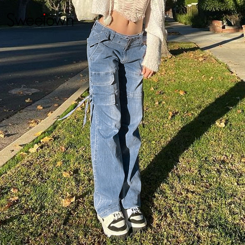 Women's Sashes Denim Jeans, unique aesthetic bottoms for a fashion-forward look.