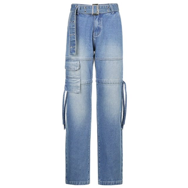 Model showcasing comfortable women's sashes denim jeans, unique aesthetic and stylish pants.