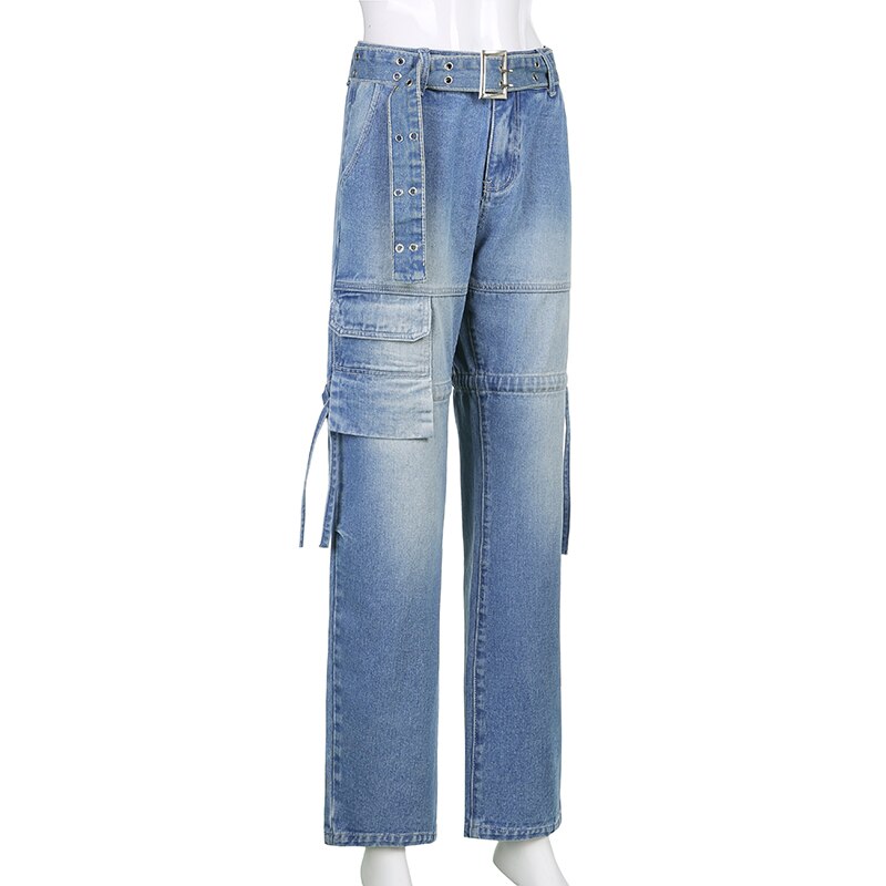 Casual women's sashes denim jeans, offering a comfortable fit and unique aesthetic design.