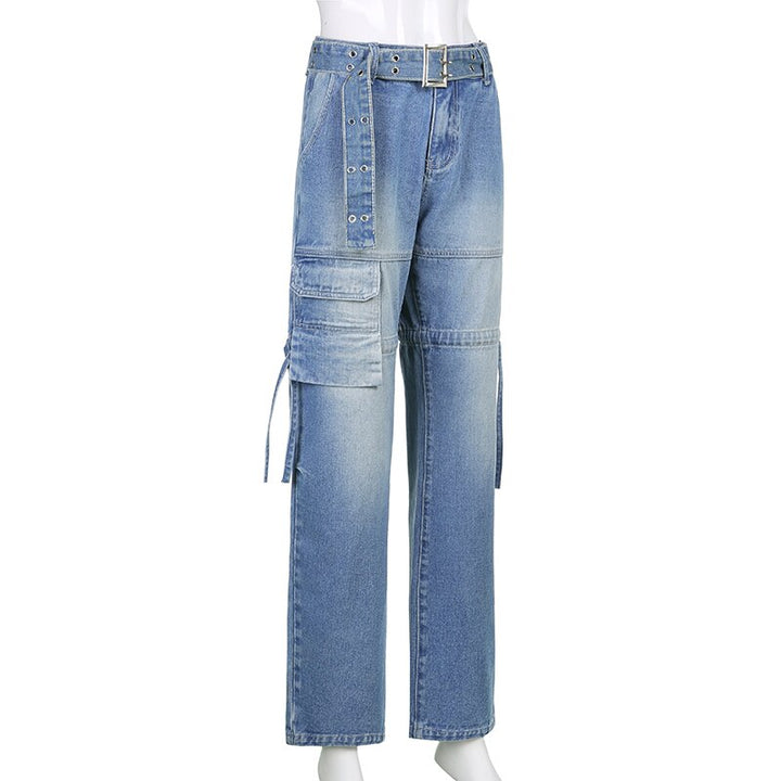 Casual women's sashes denim jeans, offering a comfortable fit and unique aesthetic design.