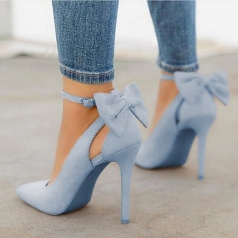 Stylish women's satin pointed toe high heel court shoes with a prominent decorative bow.