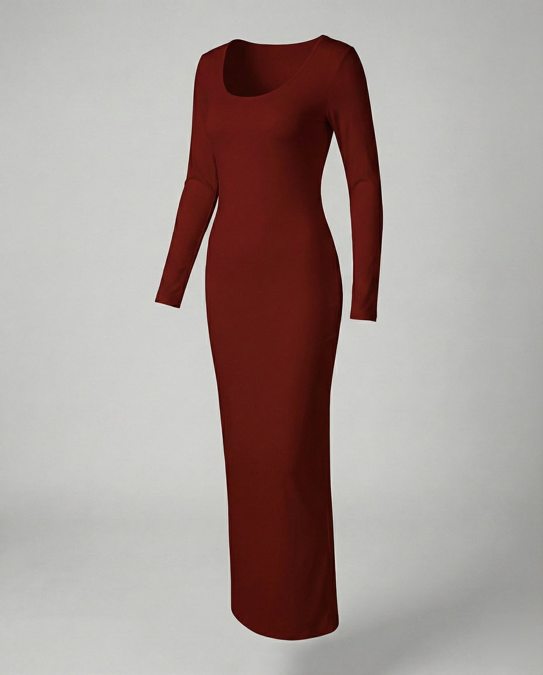 Women's long sleeve fitted bodycon maxi dress, scoop neck accentuates elegance, a modern fashion choice.