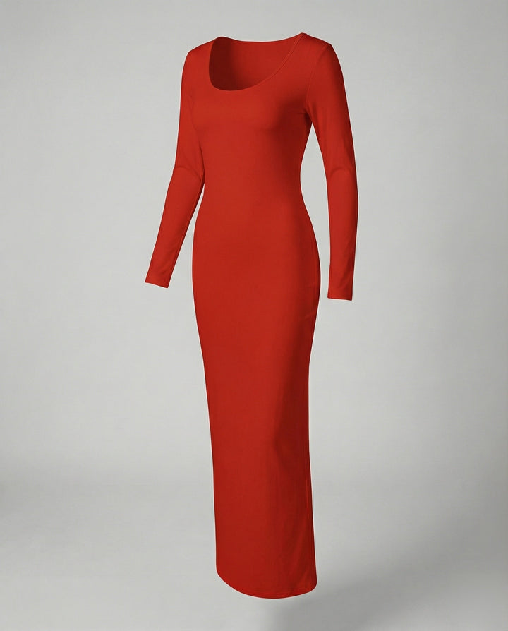 Women's form-fitting scoop neck long sleeve maxi dress, elegant bodycon style for any occasion.