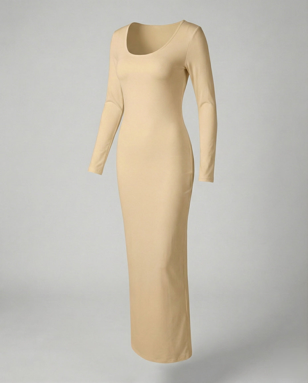 Women's black scoop neck long sleeve bodycon maxi dress, elegant fitted silhouette for any occasion.