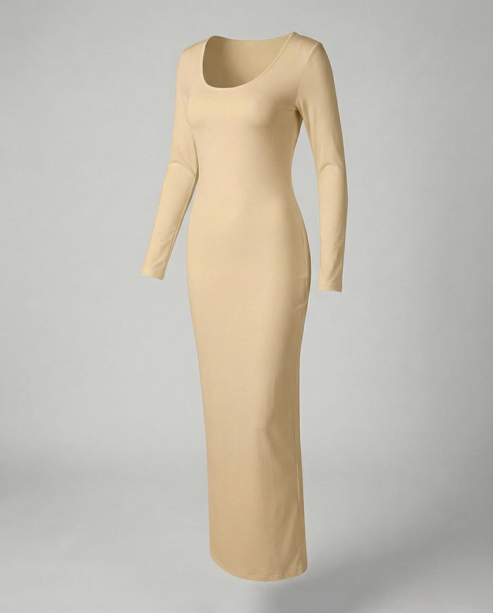 Women's black scoop neck long sleeve bodycon maxi dress, elegant fitted silhouette for any occasion.