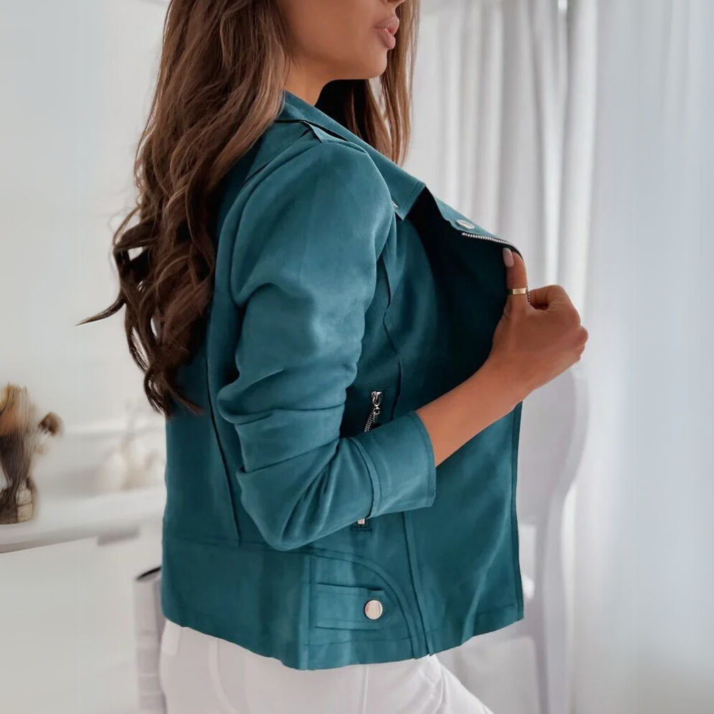 Sculpted fit women's fashion blazer, featuring a modern zip front and stylish snap lapel for a sleek look.