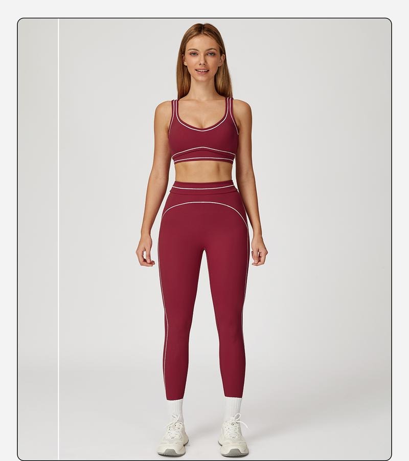 Women's sculpting activewear set with high-rise leggings & supportive sports bra for gym & yoga workouts.
