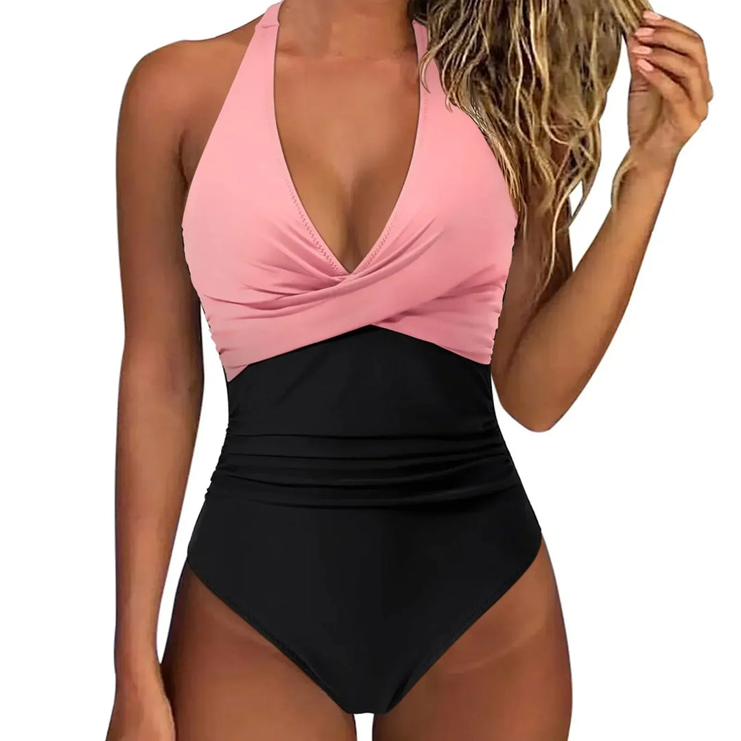 Women's swim fashion: Sculpting halter one piece swimsuit with tummy control for a flattering, elegant silhouette.