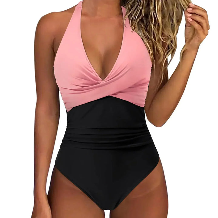 Women's swim fashion: Sculpting halter one piece swimsuit with tummy control for a flattering, elegant silhouette.