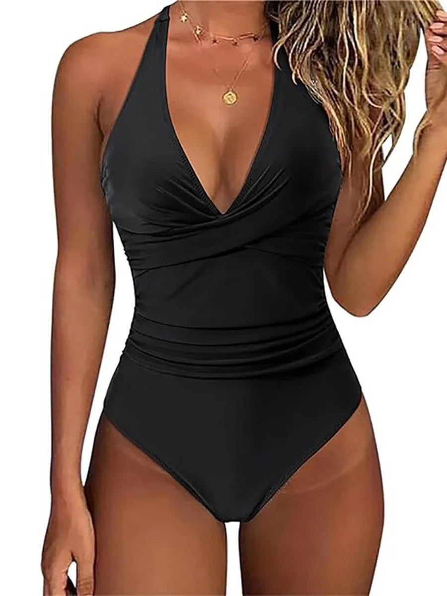Comfortable women's sculpting one piece swimsuit, featuring a halter neck and tummy control for all-day support.