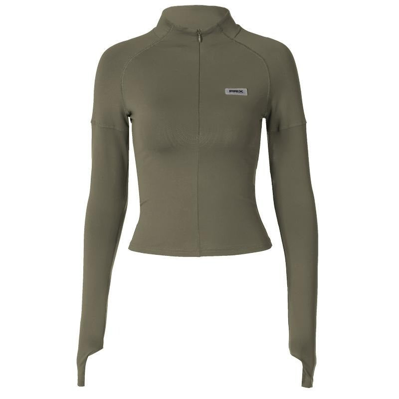 Modern women's long sleeve sculpting crop top featuring a stylish zip closure for diverse outfits.