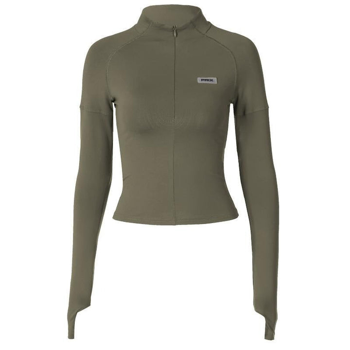 Modern women's long sleeve sculpting crop top featuring a stylish zip closure for diverse outfits.