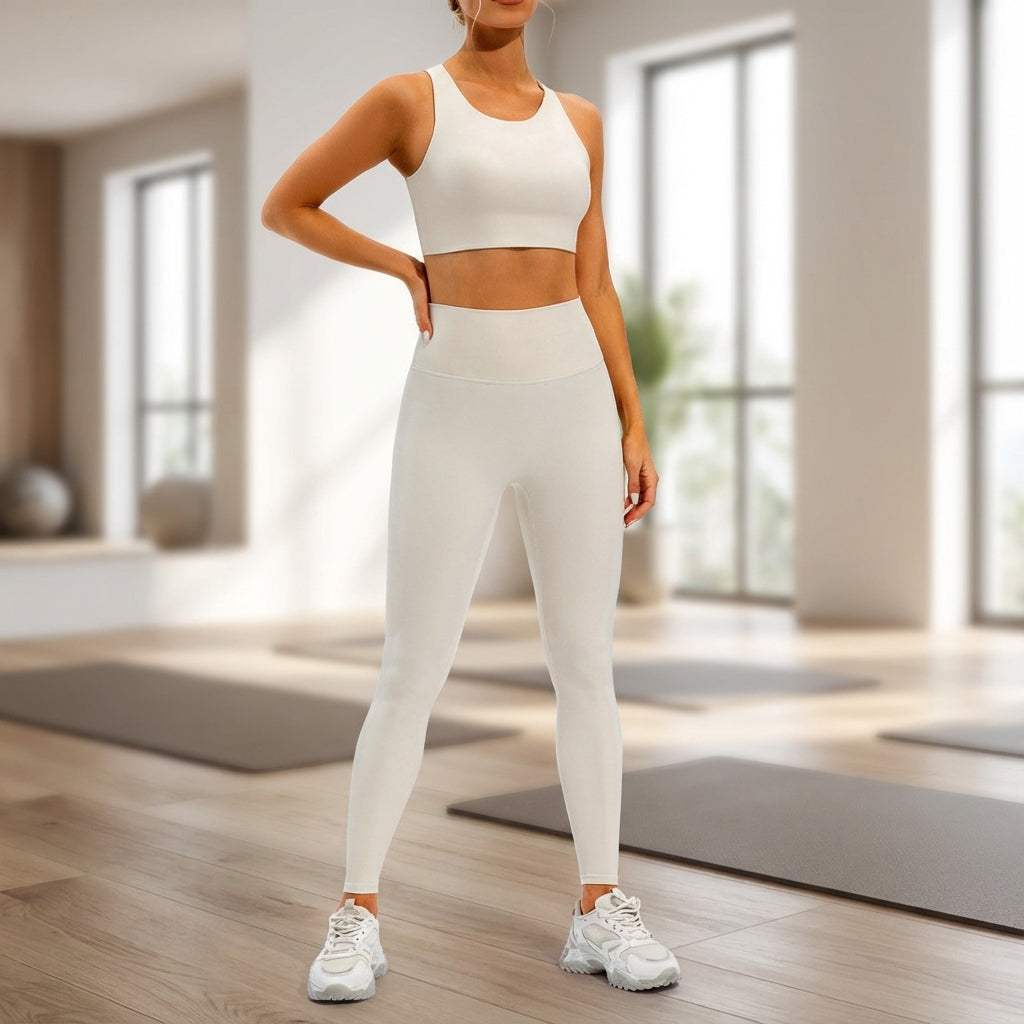 Women's seamless active sports top & high-waist leggings set, perfect for yoga & gym.