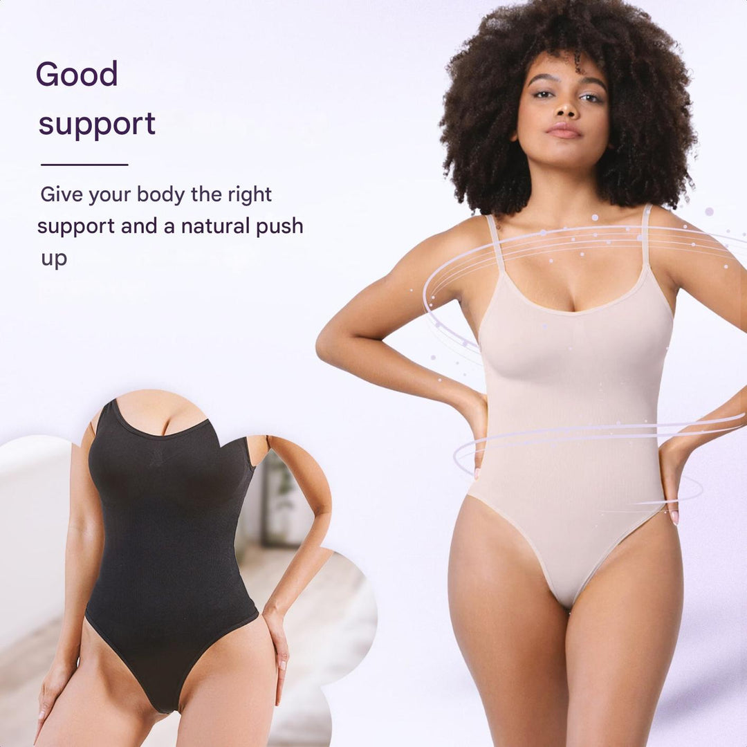 Women's slimming seamless bodysuit, thong style, for invisible shaping.