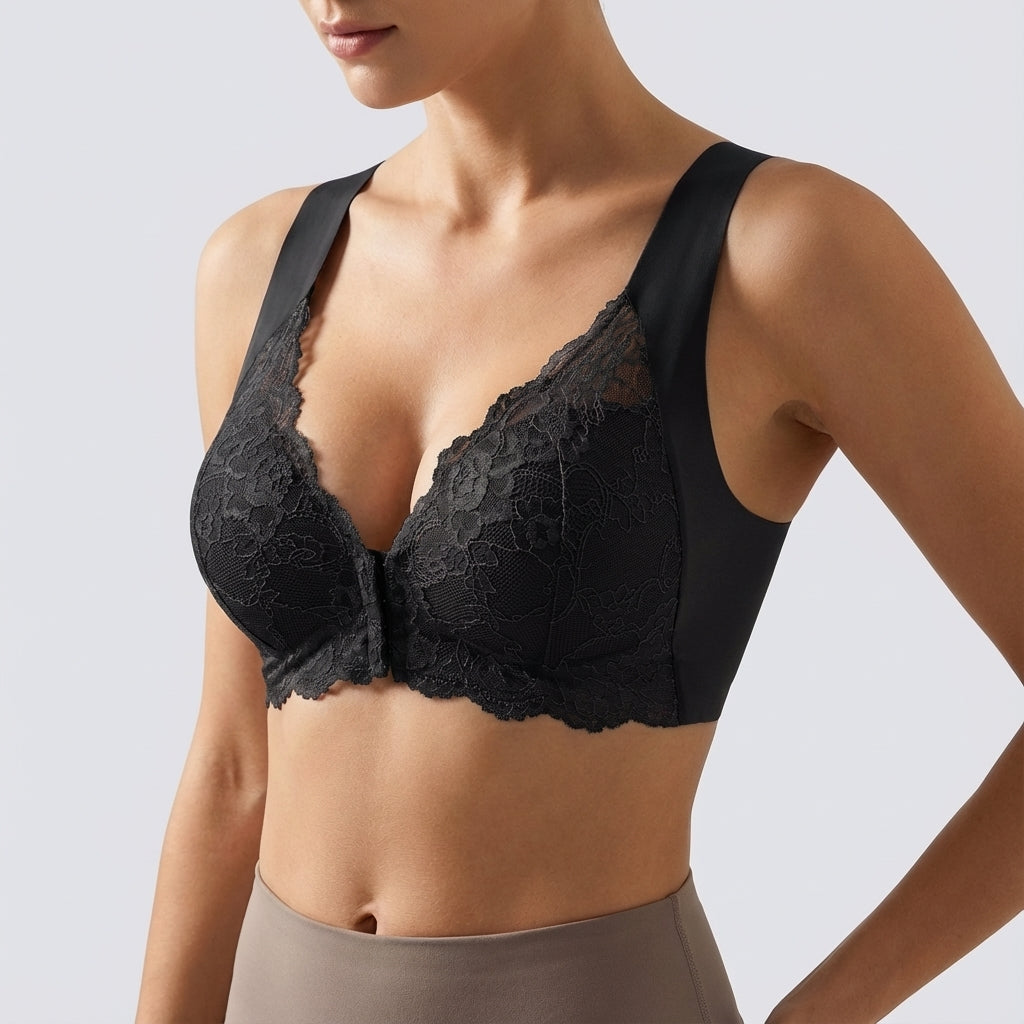 Full cup wirefree sports bra, seamless with front closure, perfect for active women
