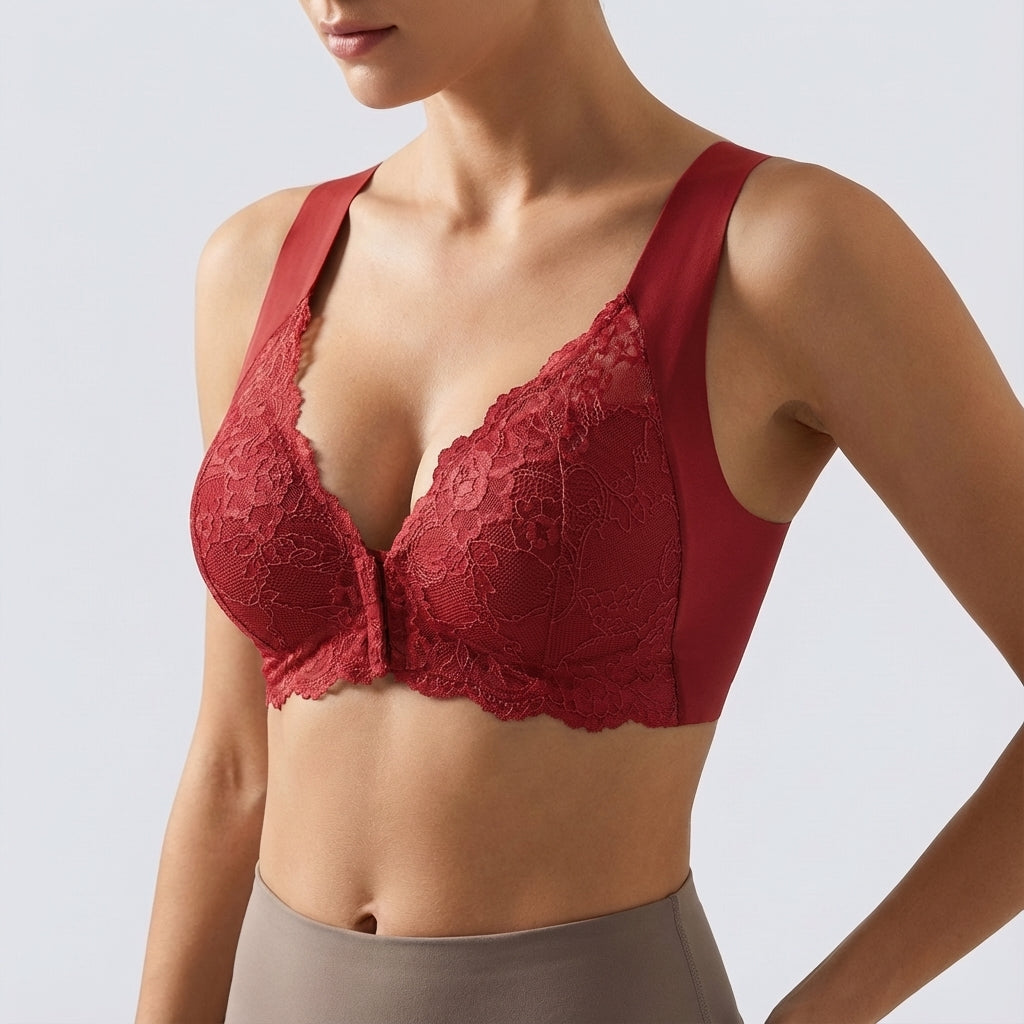 Women's seamless athletic bra with front closure, offering comfort and posture support