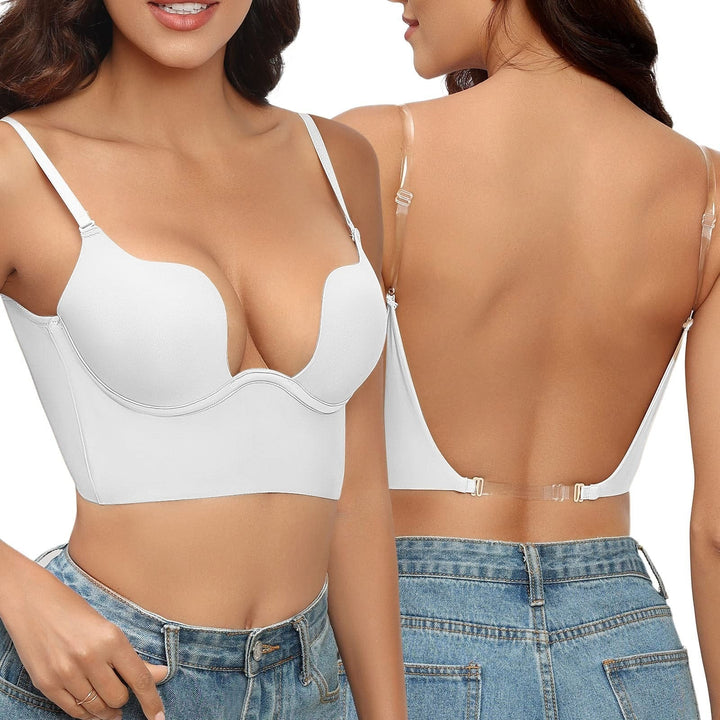 Women's seamless plunge backless shaper bodysuit for smooth silhouette, ideal for evening wear & undergarments.