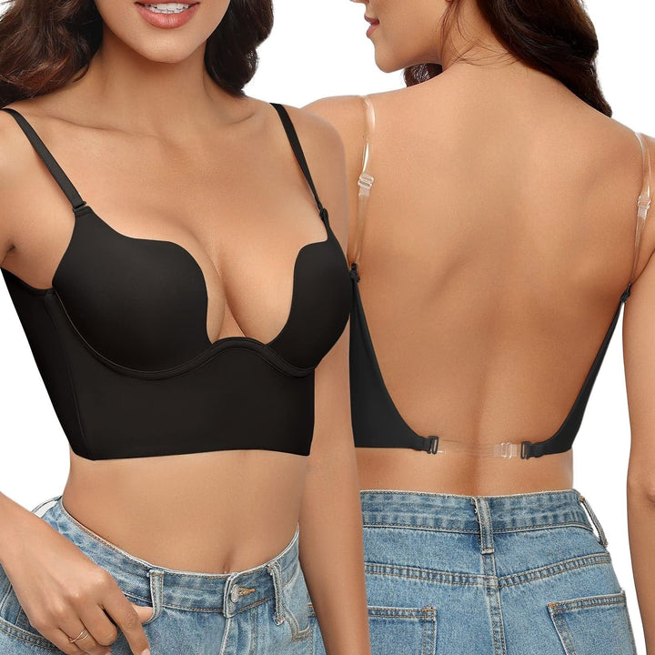 Versatile women's seamless shaper bodysuit, plunge & backless for various necklines and open-back formal wear.