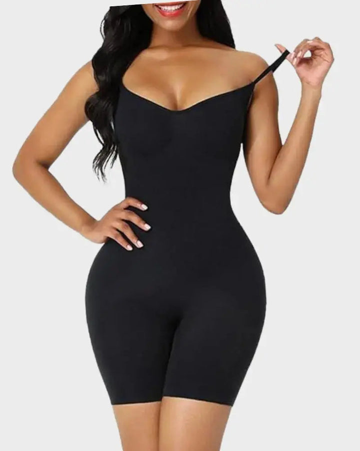 Black shapewear body for women, offering firm tummy control, butt lifting, and posture support for a smooth look.