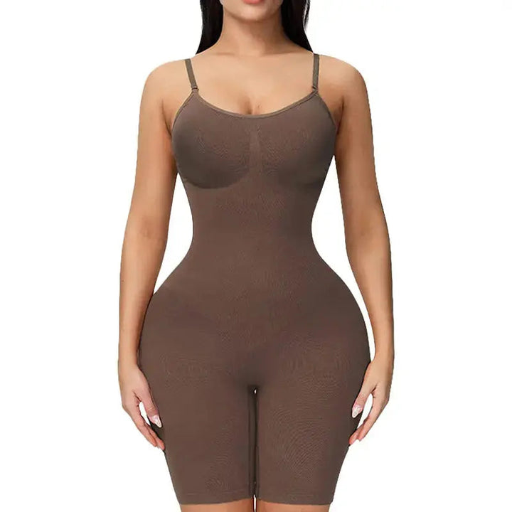Comfortable mid-thigh shapewear body in brown, perfect for everyday wear, smoothing the tummy & lifting the butt.