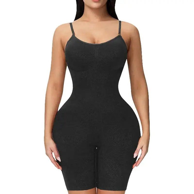 Women's shapewear body with mid-thigh coverage, providing tummy control and butt lifting for a seamless look.