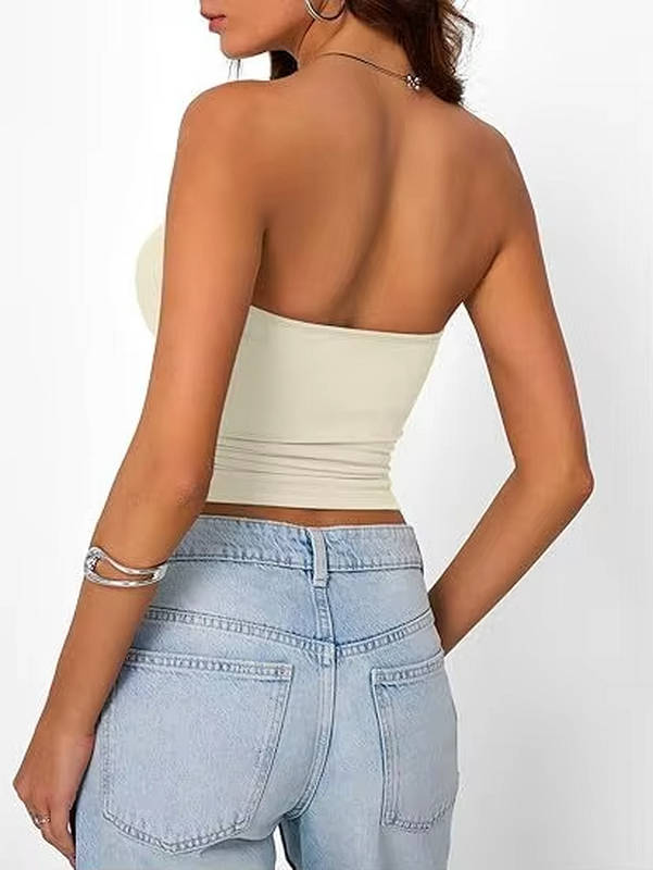 Versatile seamless stretch bandeau crop top for women, great for layering or on its own.