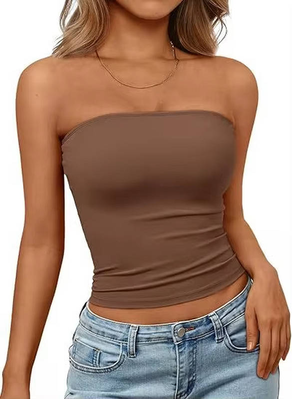 Chic women's seamless stretch bandeau crop top, perfect for modern casual wear.