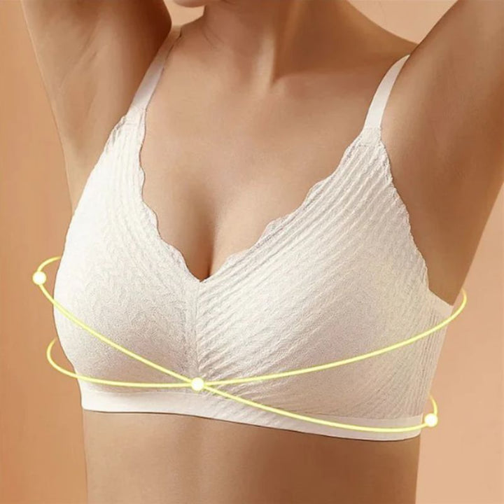 Close-up of women's seamless wireless bra, smooth, soft-touch fabric for an invisible look under clothing.