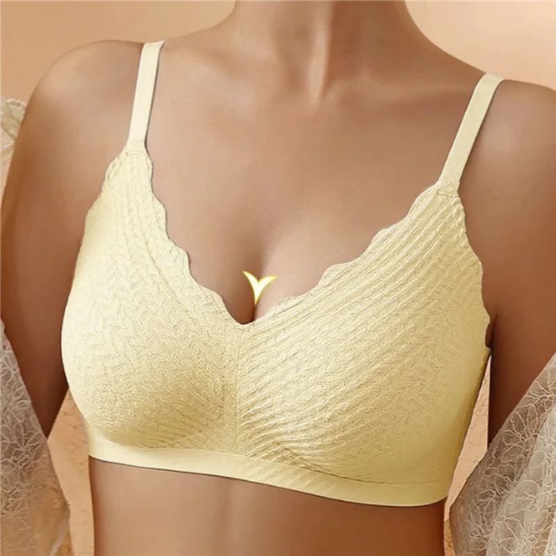 Back view of women's comfort wireless bra, wide straps and seamless design for gentle posture support.