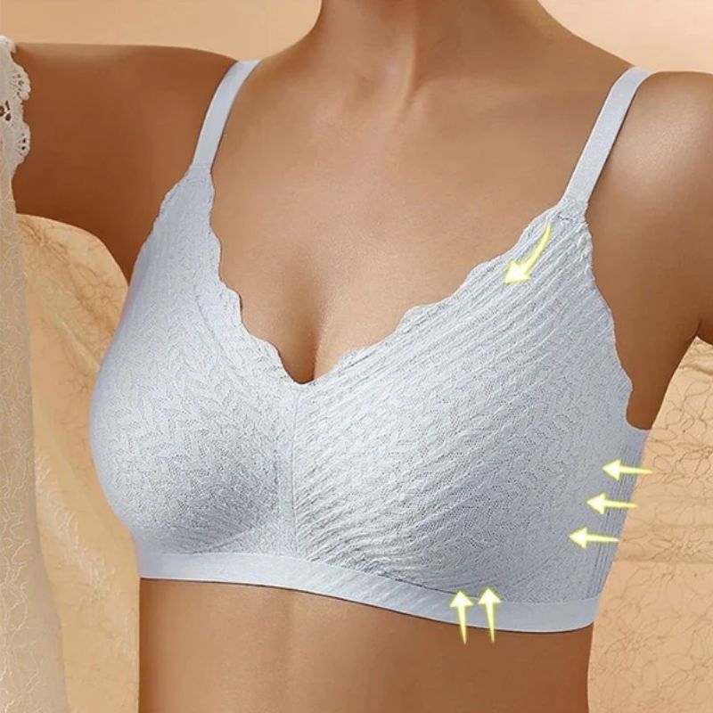 Woman wearing a seamless wireless comfort bra, perfect everyday support lingerie for all-day wear.